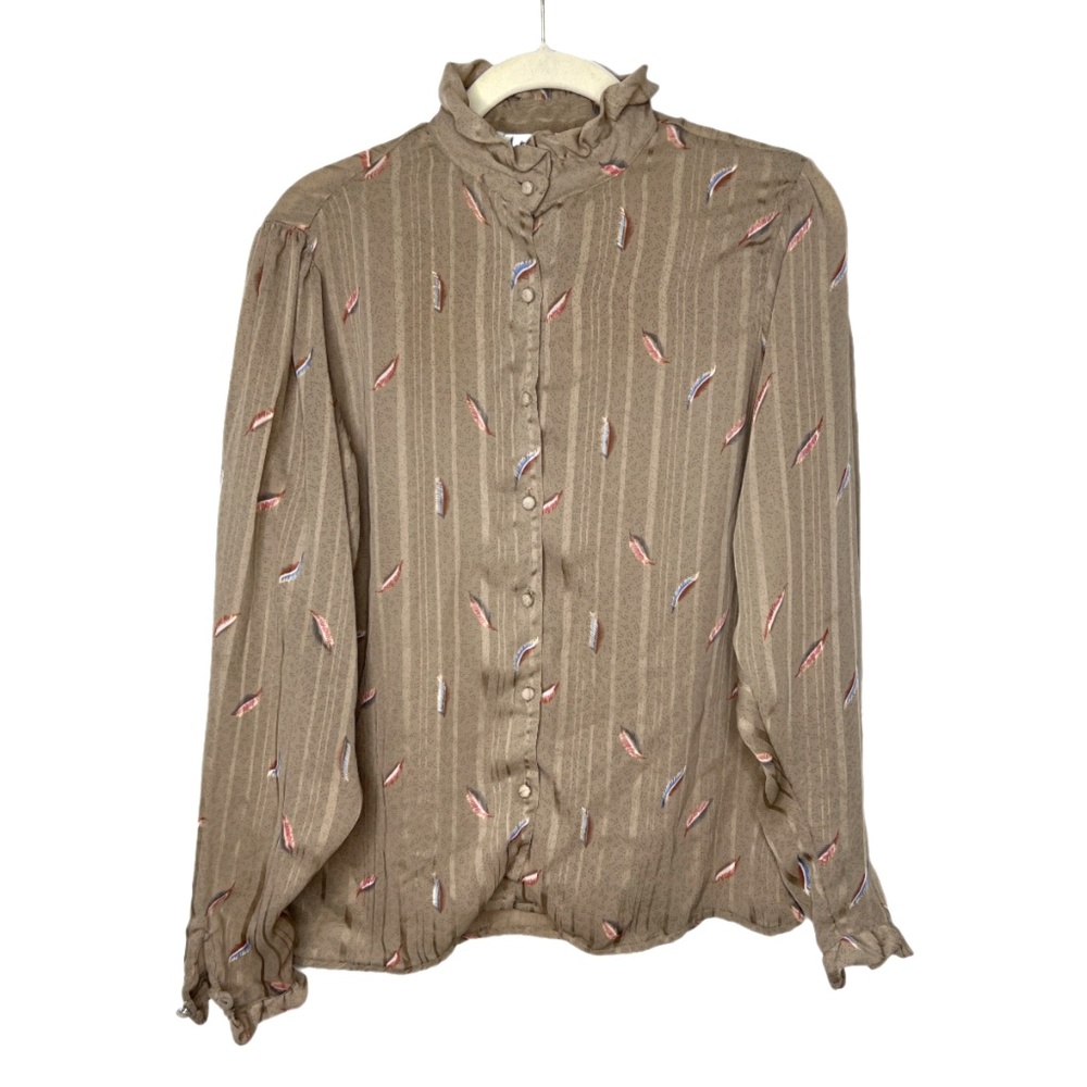 Vintage Notations Brown Feathers Polyester Button Up Blouse Top Ruffles